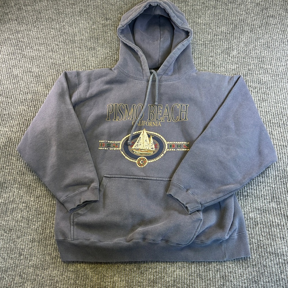 Vintage Robert Allan Pismo Beach California Hoodie Navy Blue Sailboat Mens L
